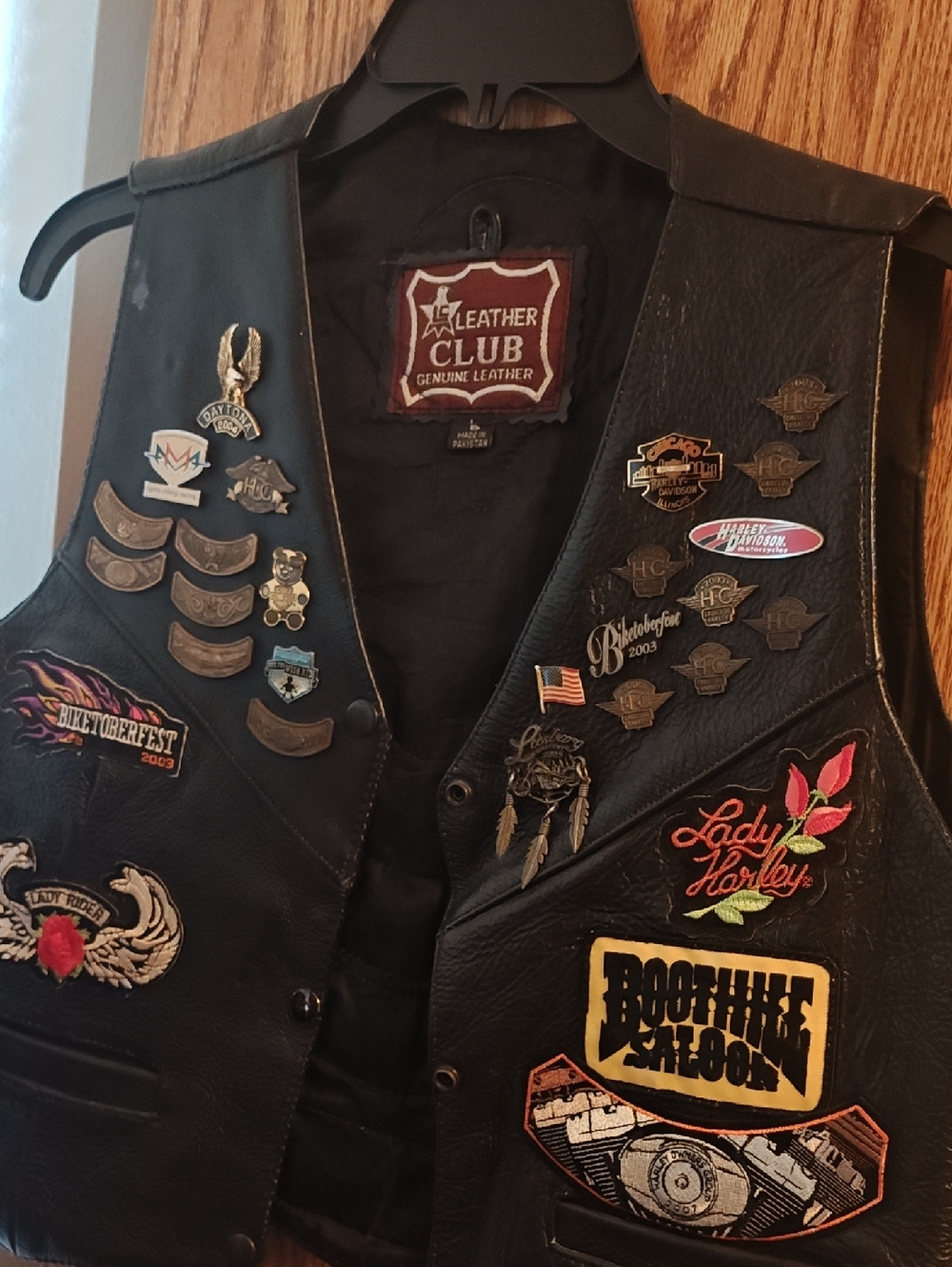 Leather Club Black Biker Vest with Harley Pins & Patches